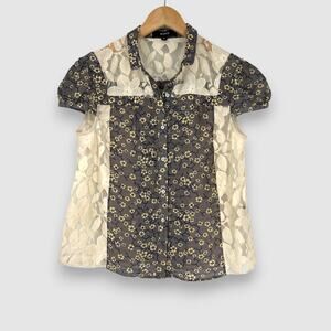 SUNO Lace & Floral Mixed Media Button-Up Blouse Size Small